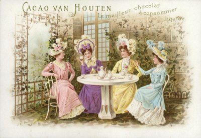 妇女在花园里，喝巧克力 作者 Dutch School