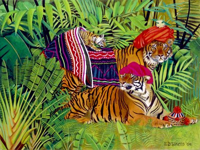 泰国服装的老虎家族，2004年（画布上的丙烯酸） 作者 EB瓦特