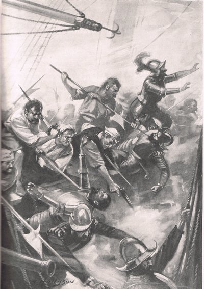 英国在San Juan de Ulua排斥西班牙人，插图来自“英国陆地和海上战役”，由伦敦卡塞尔出版，1915年 作者 霍奇森