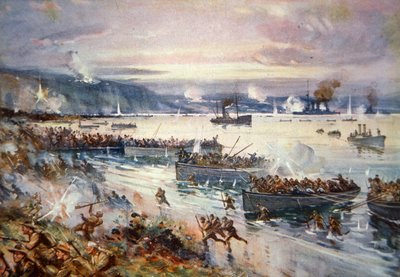 澳大利亚人在加利波利的登陆，1915年4月（彩色平版印刷）。 作者 霍奇森