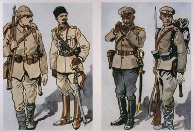 1917年的土耳其步兵和军官（左）和保加利亚步兵军官和步兵（右）（彩色平印）。 作者 E.（之后）多布里奇