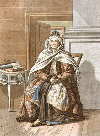 来自托木斯克的鞑靼女人，由叶戈尔-斯科特尼科夫（1782-1843）雕刻（石印）。 作者 E.（之后）卡内杰夫