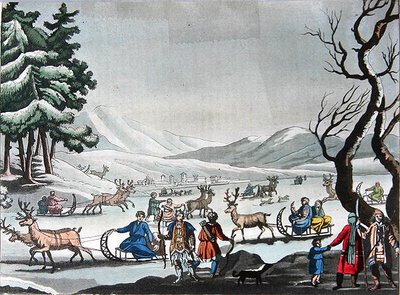 通古斯人乘坐驯鹿拉的雪橇离开他们的冬令营，约1820年（彩色版画） 作者 E.（之后）卡内杰夫