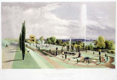 Worsley Hall的Lower Terrace花园，由Thomas McLean出版（石印）。 作者 E.Adveno布鲁克