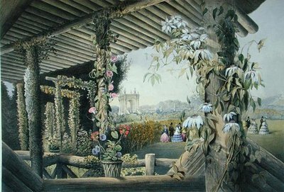 从灌木丛中的乡村座位上看，出自《英格兰花园》，1857年出版（彩色平印）。 作者 E.Adveno布鲁克