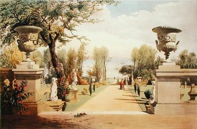 怀特岛韦斯特菲尔德宫的花园景观，摘自《英格兰花园》，1857年出版（彩色照片）。 作者 E.Adveno布鲁克