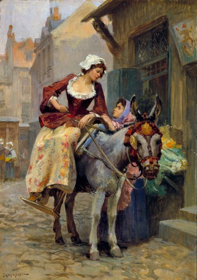 小毛驴. 一个女人骑着驴子，脚踩在合适的凹槽上。 E. Dameron 的绘画（18 世纪）私人收藏 作者 E.达梅隆