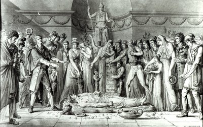 Jean Paul Marat（1743-93）的葬礼在1793年7月16日的Cordeliers俱乐部教堂，c.1793（笔和墨水在纸上）（bw照片） 作者 苏勒