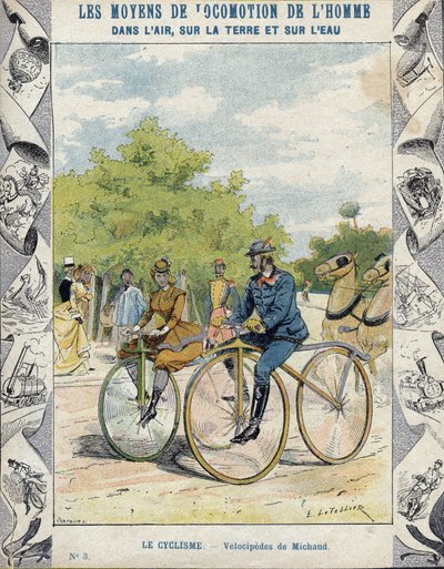 Pierre Michaux和Michaudine velocipedes - 来自19世纪末的学校书籍保护套 - Pierre Michaux (1813-1883)的 velocipedes a pedale (les michaudines) 作者 E.莱特里尔