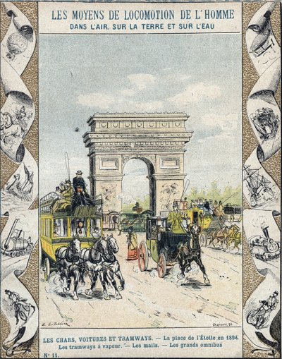 1894年的巴黎Etoile广场--蒸汽电车--邮件--大型巴士--E Letellier的插图--Protege历史笔记本，19世纪末 作者 E.莱特里尔