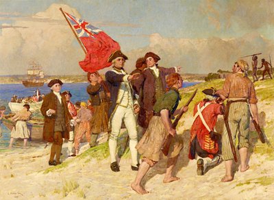 1770 年 4 月 29 日，詹姆斯-库克中尉在植物湾登陆（E-菲利普斯-福克斯的画作） 作者 菲利普斯·福克斯