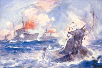 伯明翰号潜艇击沉德国U15号潜艇（彩色平印）。 作者 ES（之后）霍奇森