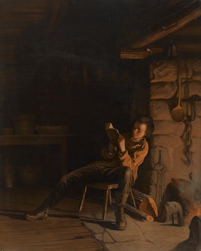 林肯少年时代。 （在小屋里的一个晚上。），1868年（船上纸上的彩色石版画） 作者 伊士曼·约翰逊