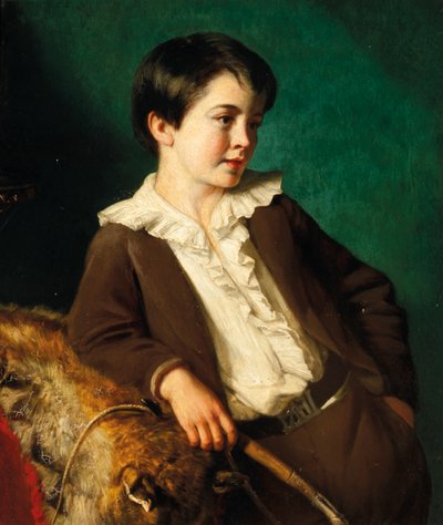 Tregeare庄园大师约翰·莱斯布里奇（John Lethbridge）的肖像，德文郡朗塞斯顿，四分之三，穿着一件棕色的西装，拿着鞭子，靠在兽皮上 作者 伊甸园·厄普顿·埃迪斯（Eden Upton Eddis）