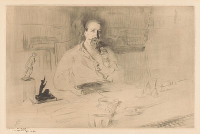 阿纳托尔·弗朗斯 (Anatole France) 办公桌后的肖像 作者 Edgar Chahine（艺术家签名）