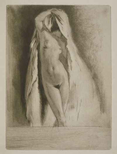 披着床单的女人，西多妮-加布里埃尔-科莱特（1873-1954 年）为 1930 年出版的《Mitsou》绘制的插图（蚀刻版画和干点版画） 作者 埃德加·查恩（Edgar Chahine）