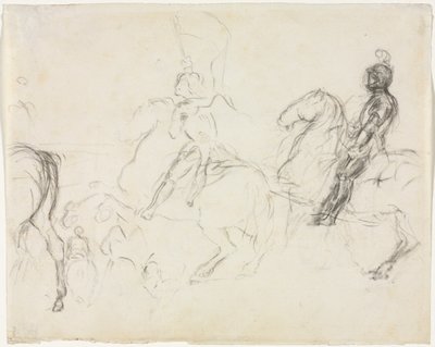 装甲兵在马背上的战斗场景，正面坐着两个女人，1856-1860年。 作者 埃德加·德加