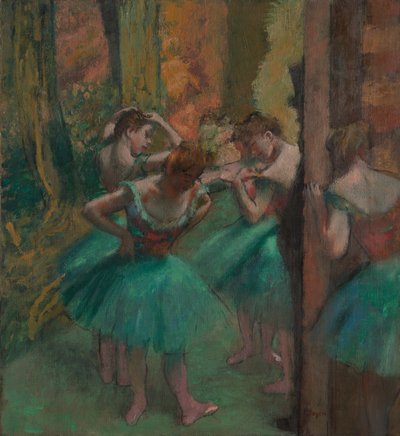 粉色和绿色的舞者，约。 1890年。 作者 Edgar Degas