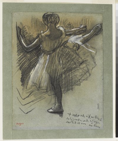舞者 Vue de Dos，“Grand Battement à la Seconde”，约 1885-90 年（黑色粉笔在绿色纸上用白色粉笔加高） 作者 埃德加·德加