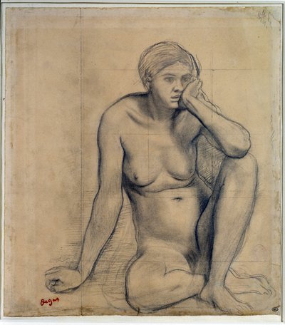 裸体女人坐着研究“中世纪的场景”，埃德加·德加（1834-1917）绘画。 0,27 x 0,31 m 巴黎。 卢浮宫 作者 埃德加·德加
