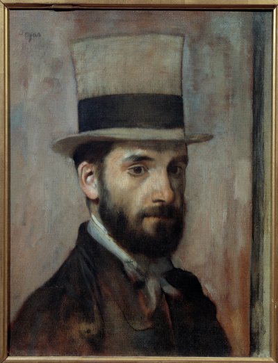 Leon Joseph Florentin Bonnat (1833-1922) 的肖像 画家戴着一顶礼帽。 埃德加·德加 (Edgar Degas) (1834-1917) 的画作，1863 年 0,43x0,36 m 巴约讷，博纳博物馆 - Leon Joseph Florentin Bonnat 的肖像（1833-1922）。 艺术家戴着一顶礼帽。 绘画b 作者 埃德加·德加