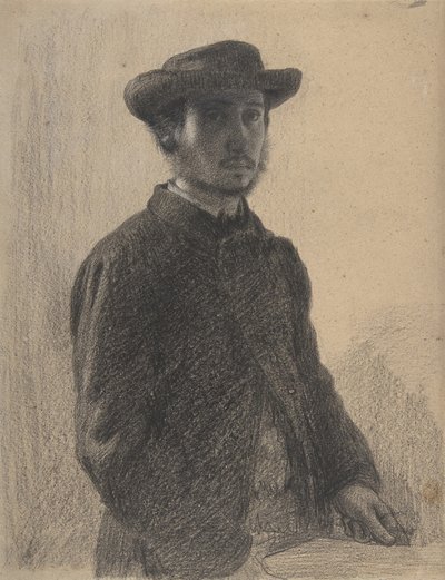 自画像，c.1857（黑色粉笔和米色编织纸上的白色石墨） 作者 Edgar Degas