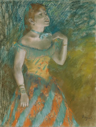 绿色歌手，c.1884（浅蓝色纸上的粉彩） 作者 埃德加·德加