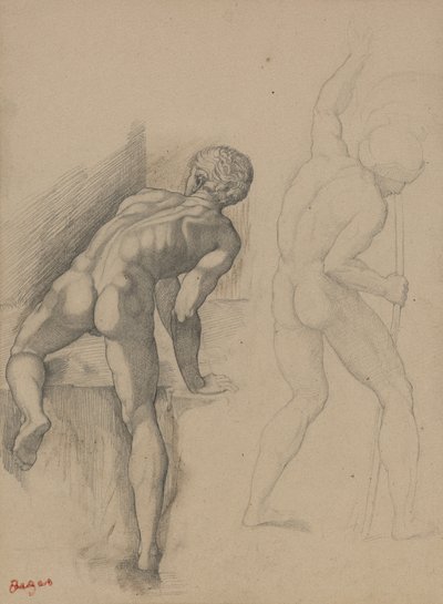 两个裸体男人，1856-57（深色膏纸上的石墨铅笔） 作者 Edgar Degas