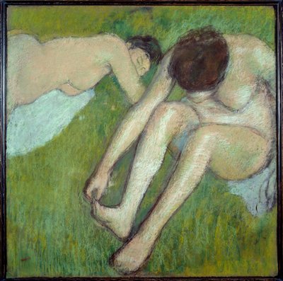 埃德加·德加（Edgar Degas，1834-1917）1890 年在棕色纸上的柔和草地上的两个沐浴者。 0,7x0,7 m 巴黎，奥赛博物馆 作者 埃德加·德加