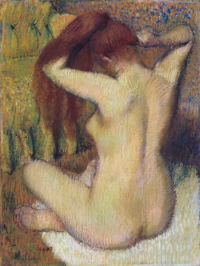 女人梳理她的头发，c.1888-90（柔和的浅绿色编织纸附在山上） 作者 Edgar Degas