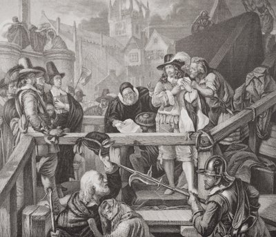 1650 年在爱丁堡高街行刑处的蒙特罗斯侯爵，选自《英格兰和苏格兰历史插图》第一卷（雕刻） 作者 埃德加·梅尔维尔（后）沃德
