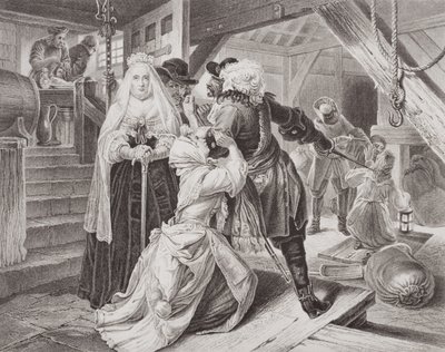 1685 年，爱丽丝-利索因庇护塞德摩尔战役的逃亡者而被捕，选自《英格兰和苏格兰历史插图》第一卷（雕刻）。 作者 埃德加·梅尔维尔（后）沃德