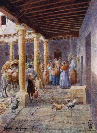 西班牙北部：阿维拉，A Posada Patio（彩色石版画） 作者 埃德加 TA 威格拉姆