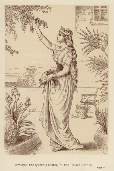 王后的妹妹 Emelye 在王宫花园（石版画） 作者 
