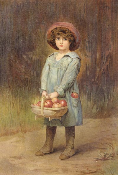 一人一个 - 拿着一篮苹果的男孩（彩色石版画） 作者 