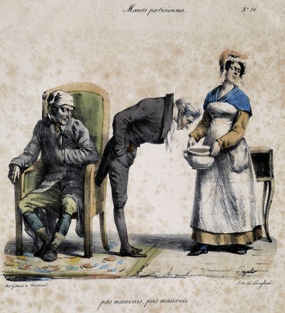 Sick, doctor looking in the pot and servant. Cartoon of Parisian morals by Pigal (19th century), preserved at the Musee Dobree in Nantes. 作者 Edme Jean（之后）Pigal