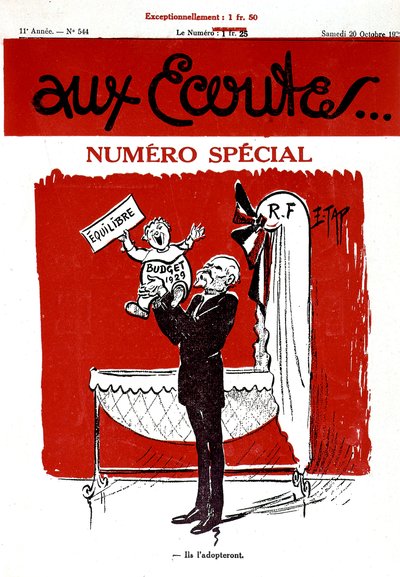 法国报纸《Aux Ecoutes》的头版上有一个婴儿，代表 1929 年的预算，即将在摇篮里（法兰西共和国） 作者 爱德蒙 (1861 1943) 挂毯
