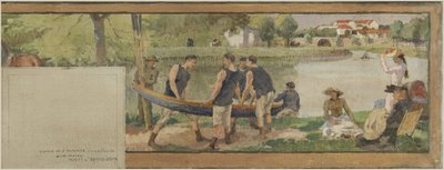 圣莫里斯市政厅草图：风景。Les bords de la Marne（为市政厅绘制），1890 年至 1892 年（布面油墨） 作者 埃德蒙·德邦