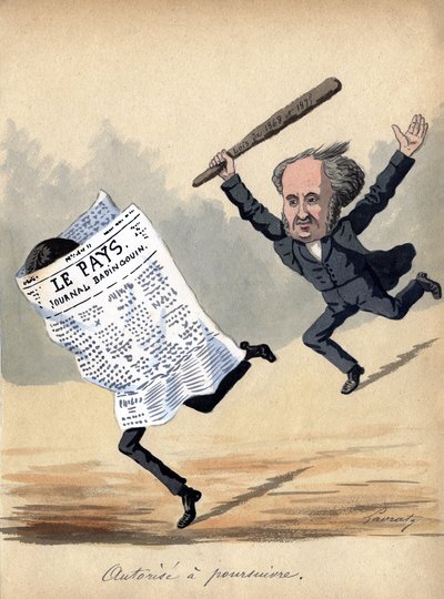 起诉权"，关于法国 1875 年《新闻法》的漫画（彩色石版画） 作者 埃德蒙·拉夫拉特