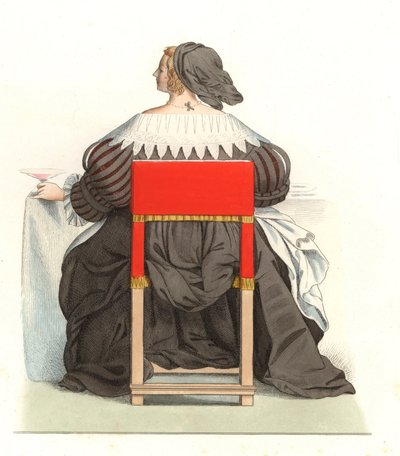 17世纪的法国妇女，来自Abraham Bosse（1602-1676）的雕刻 - 石版印刷，来自Edmond Lechevallier-Chevignard（1825-1902）的插图，来自 "Costumes historiques des 16th"。 作者 Edmond Lechevallier-Chevignard