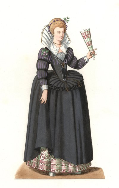 亨利三世统治时期的法国妇女（1551-1589）--根据埃德蒙-莱切瓦利埃-切维纳尔（1825-1902）的插图制作的石版画，出自《十六世纪历史服装》。 作者 Edmond Lechevallier-Chevignard