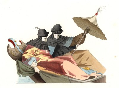 威尼斯人戴着bauta面具，意大利 18世纪，根据乔瓦尼-安东尼奥-卡纳尔（Giovanni Antonio Canal dit Canaletto）（1697-1768）的画作改编 - 石版印刷，根据埃德蒙-莱切瓦利埃-切维尼亚（Edmond Lechevallier-Chevignard）（1825-1902）的插图，出自《16世纪的历史服装》。 作者 Edmond Lechevallier-Chevignard