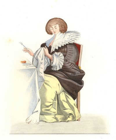 16世纪的法国贵族妇女，根据Abraham Bosse（1602-1676）的雕刻作品 - 石版印刷，根据Edmond Lechevallier-Chevignard（1825-1902）的插图，出自 "Costumes historiques des 16th"。 作者 Edmond Lechevallier-Chevignard