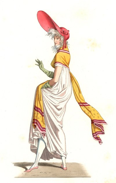 年轻的法国妇女身着18世纪精彩的时尚，根据Carle Vernet (1758-1836)的画作--根据Edmond Lechevallier-Chevignard (1825-1902)的插图平版印刷，出自 "Costumes historiques des 16th"。 作者 Edmond Lechevallier-Chevignard