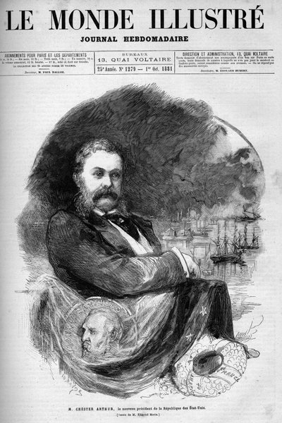 美国总统切斯特-阿兰-阿瑟（1830-1886）的肖像。埃德蒙-莫兰的版画。10月1日第1279期《图解世界》之一。 作者 埃德蒙·莫林