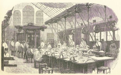 巴黎克里斯托弗餐具厂的银匠们在工作，出版。1875年（雕版画 作者 埃德蒙·莫林
