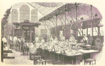 巴黎克里斯托弗餐具厂的银匠们在工作，出版。1875. 作者 埃德蒙·莫林