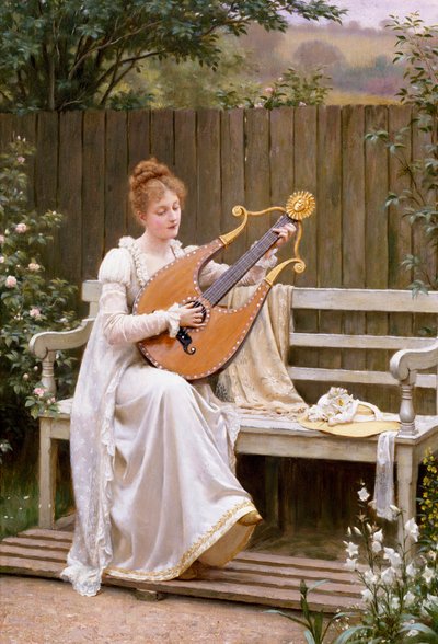 "Con Amore "弹琴的年轻女子。爱德华-布莱尔-莱顿（1853-1922 年）1895 年的画作 作者 埃德蒙·布莱尔·莱顿