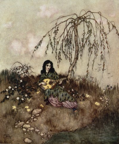 工作之余，她会唱歌弹奏"，选自《灰姑娘》，约 1910 年 作者 埃德蒙·杜拉克（Edmund Dulac）