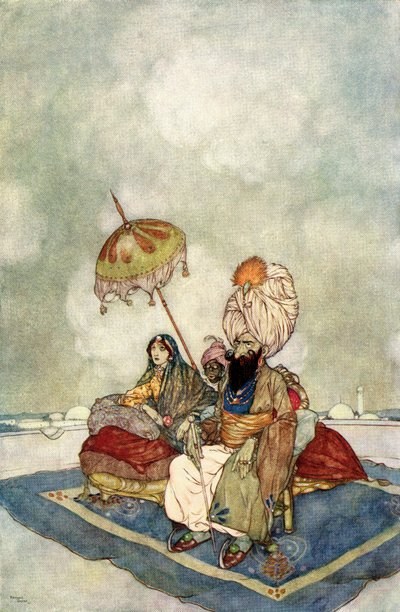 从那时起，公主就一直在宫殿的屋顶上观看战斗。 作者 埃德蒙·杜拉克（Edmund Dulac）